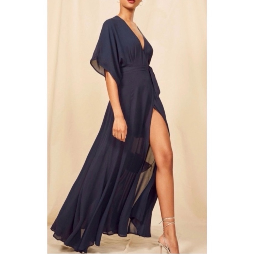 Reformation Navy Wrap Maxi Dress with High Slit
